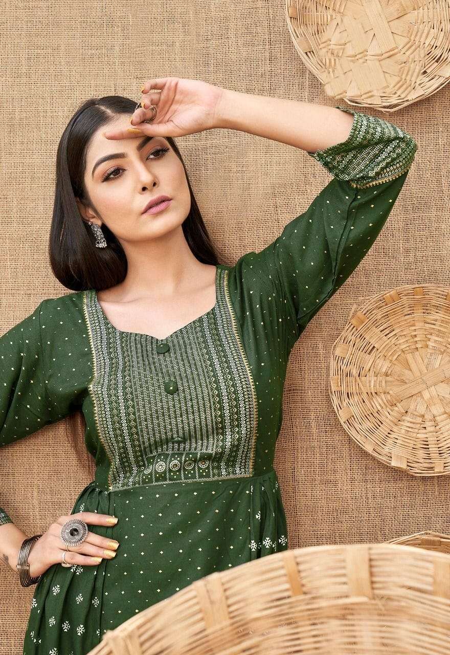 KANAK NX KHUSI REYON FOIL PRINT DESIGNER KURTI