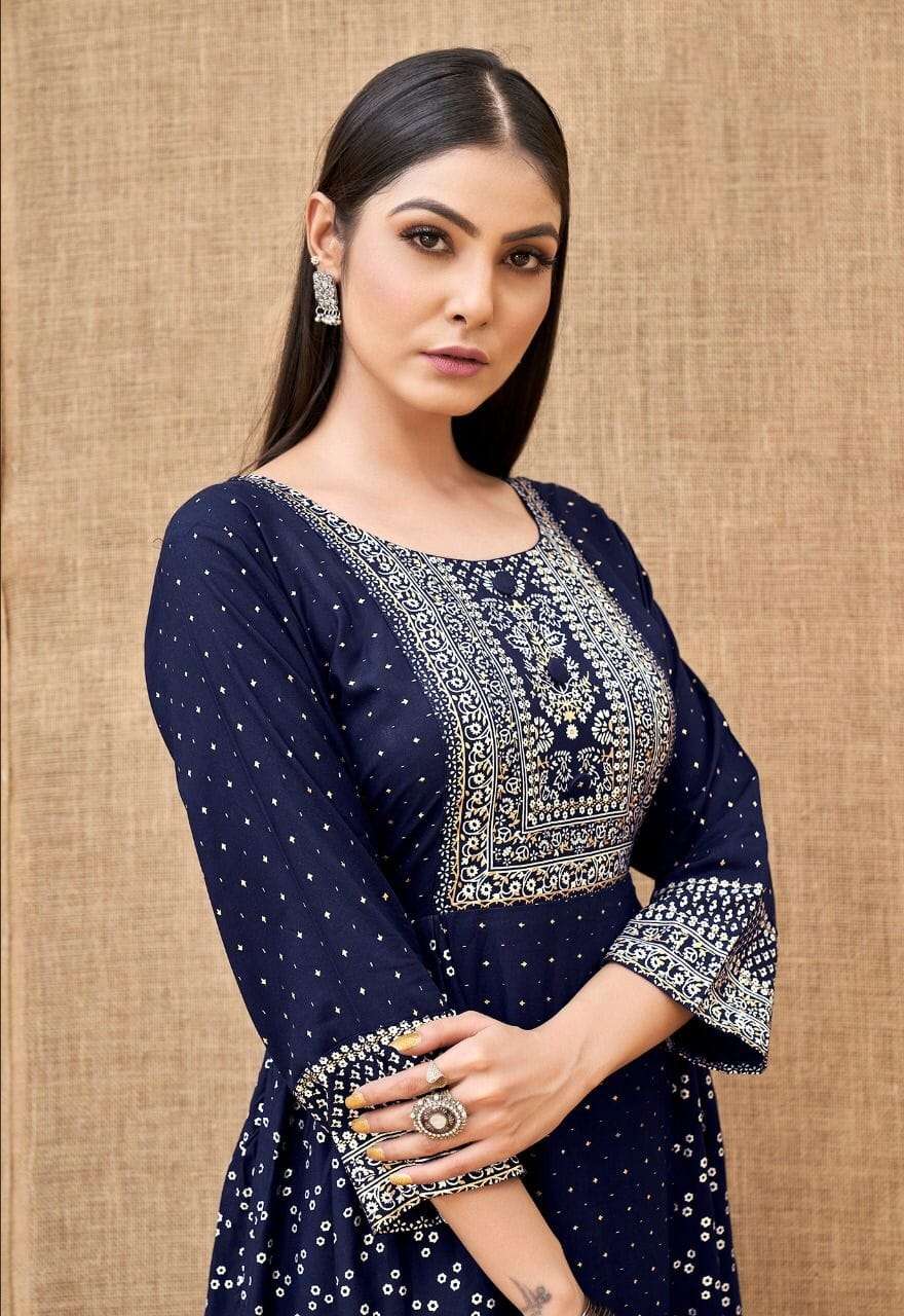 KANAK NX KHUSI REYON FOIL PRINT DESIGNER KURTI