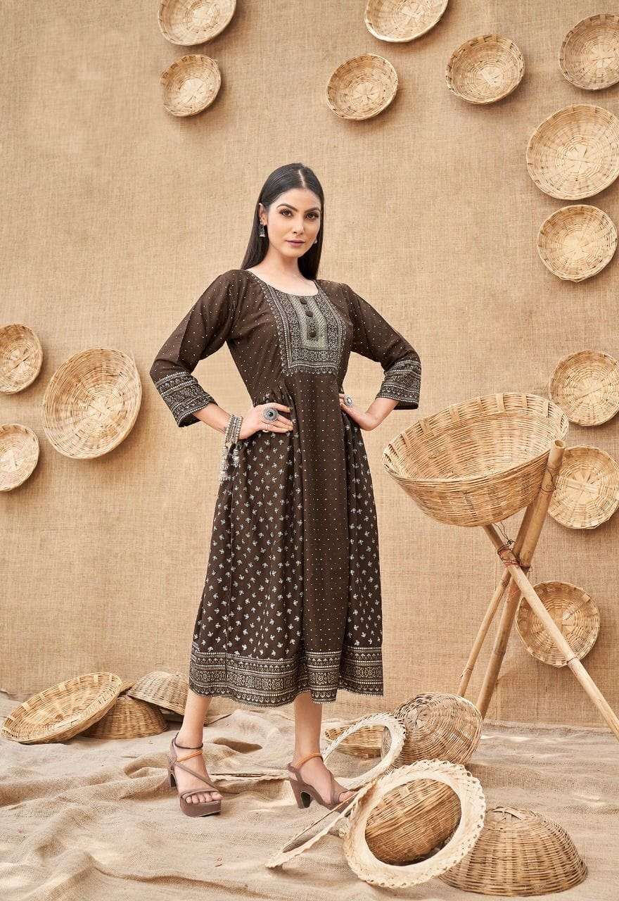 KANAK NX KHUSI REYON FOIL PRINT DESIGNER KURTI