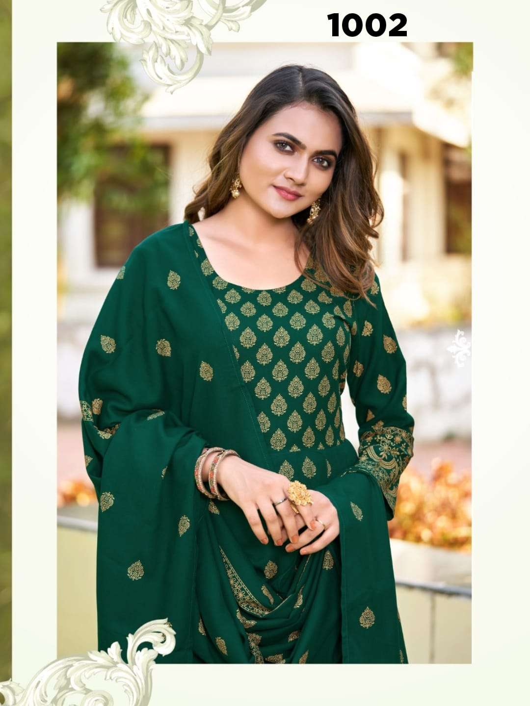  TEXOFAB GOLD PRINTED GOWN WITH DUPATTA COLOURS