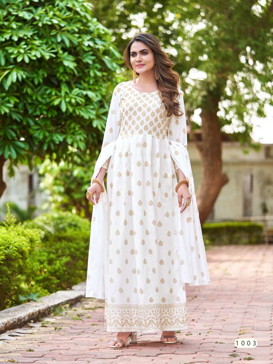  TEXOFAB GOLD PRINTED GOWN WITH DUPATTA COLOURS