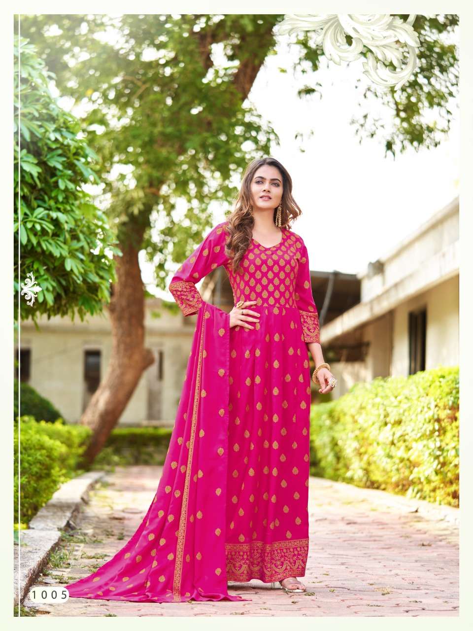  TEXOFAB GOLD PRINTED GOWN WITH DUPATTA COLOURS