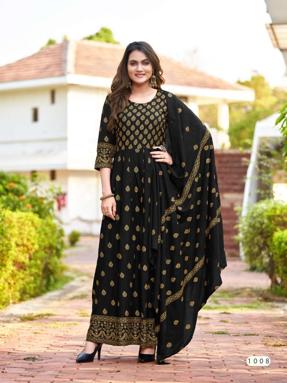  TEXOFAB GOLD PRINTED GOWN WITH DUPATTA COLOURS
