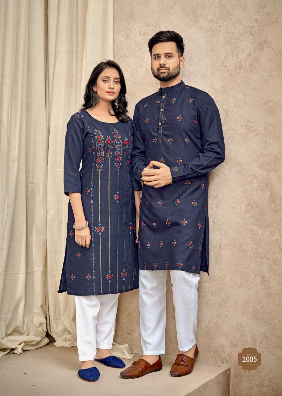 BANWERY FASHION PRESENTING COUPLE GOAL VOL- 4 NEW HEAVY FANCY PURE COTTON WITH MULTI COLOUR STYLISTIST COUPLE COMBO OF KURTI WITH PANT AND KURTA WITH PAYJAMA COLLECTION IN WHOLESALE SUPPLIER