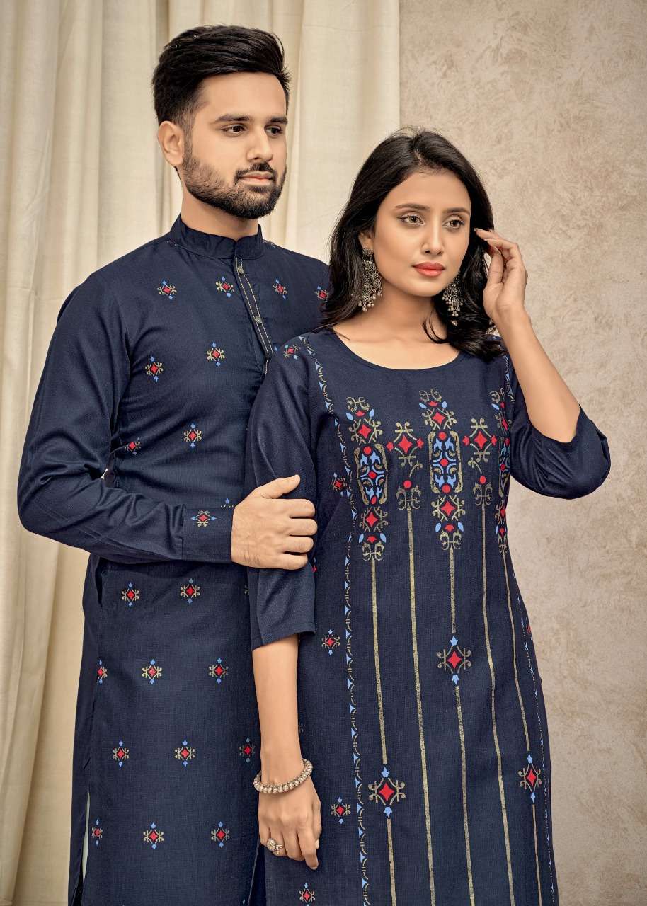 BANWERY FASHION PRESENTING COUPLE GOAL VOL- 4 NEW HEAVY FANCY PURE COTTON WITH MULTI COLOUR STYLISTIST COUPLE COMBO OF KURTI WITH PANT AND KURTA WITH PAYJAMA COLLECTION IN WHOLESALE SUPPLIER