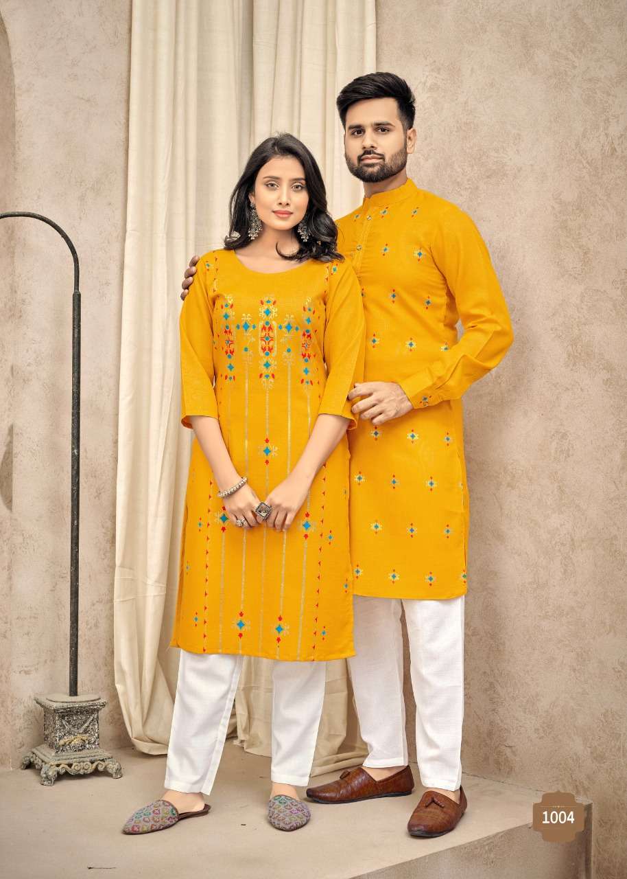 BANWERY FASHION PRESENTING COUPLE GOAL VOL- 4 NEW HEAVY FANCY PURE COTTON WITH MULTI COLOUR STYLISTIST COUPLE COMBO OF KURTI WITH PANT AND KURTA WITH PAYJAMA COLLECTION IN WHOLESALE SUPPLIER