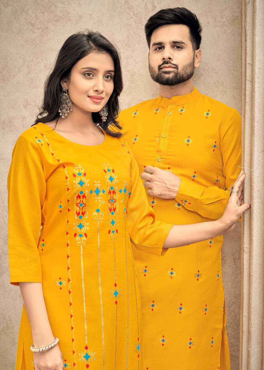 BANWERY FASHION PRESENTING COUPLE GOAL VOL- 4 NEW HEAVY FANCY PURE COTTON WITH MULTI COLOUR STYLISTIST COUPLE COMBO OF KURTI WITH PANT AND KURTA WITH PAYJAMA COLLECTION IN WHOLESALE SUPPLIER