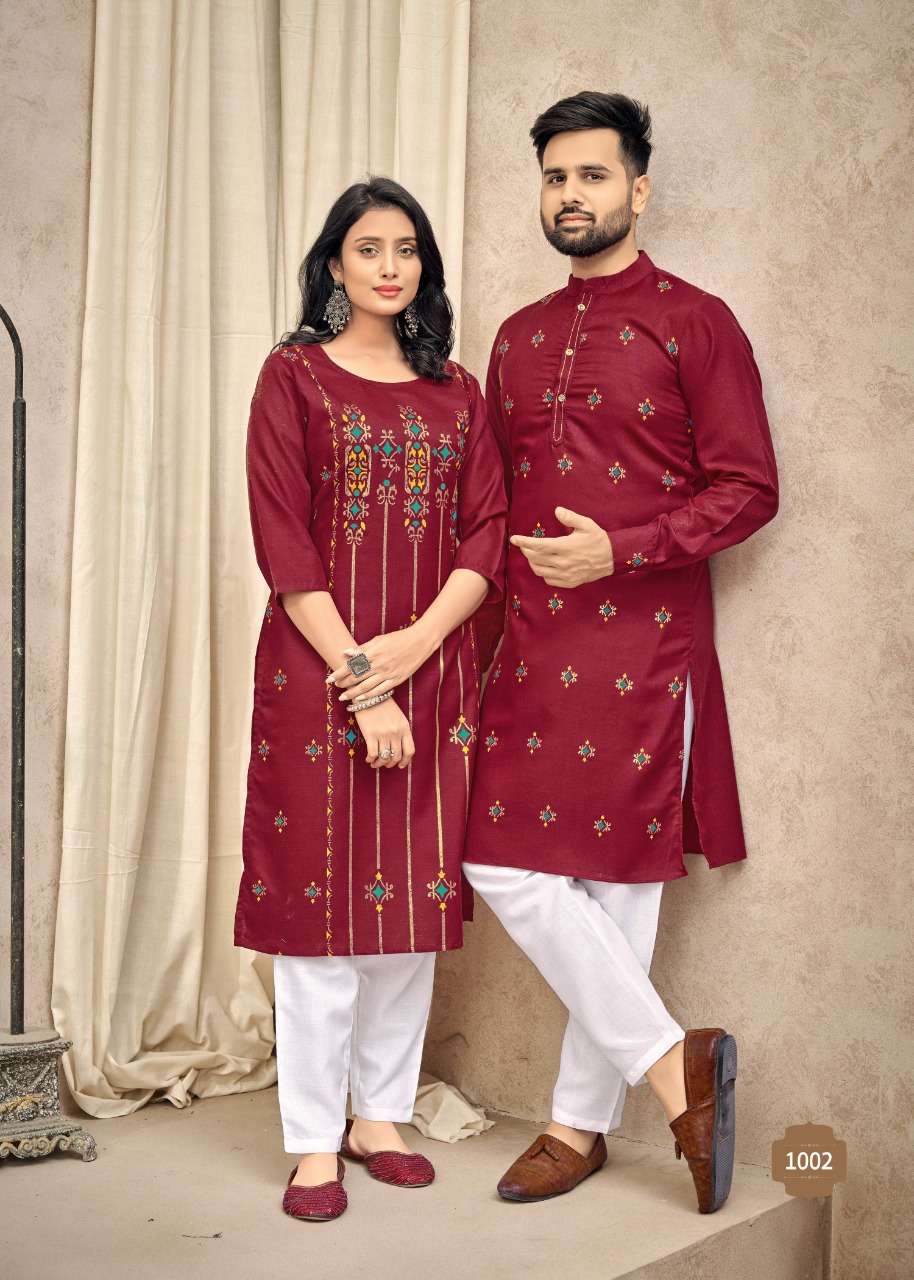 BANWERY FASHION PRESENTING COUPLE GOAL VOL- 4 NEW HEAVY FANCY PURE COTTON WITH MULTI COLOUR STYLISTIST COUPLE COMBO OF KURTI WITH PANT AND KURTA WITH PAYJAMA COLLECTION IN WHOLESALE SUPPLIER