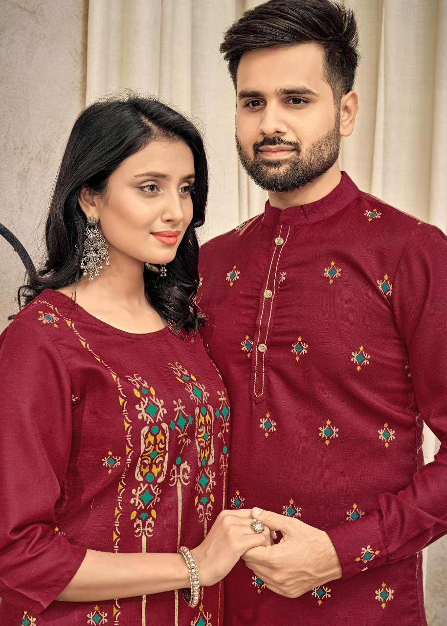 BANWERY FASHION PRESENTING COUPLE GOAL VOL- 4 NEW HEAVY FANCY PURE COTTON WITH MULTI COLOUR STYLISTIST COUPLE COMBO OF KURTI WITH PANT AND KURTA WITH PAYJAMA COLLECTION IN WHOLESALE SUPPLIER