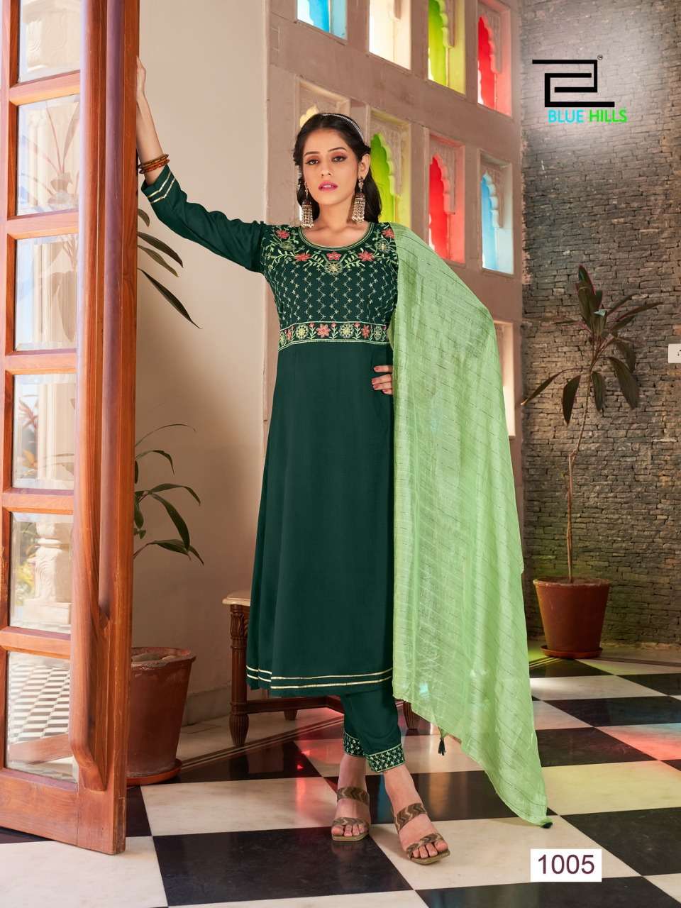 BLUE HILLS PRESENT BUTTERFLY ANARKALI CUT KURTI WITH PANT SET