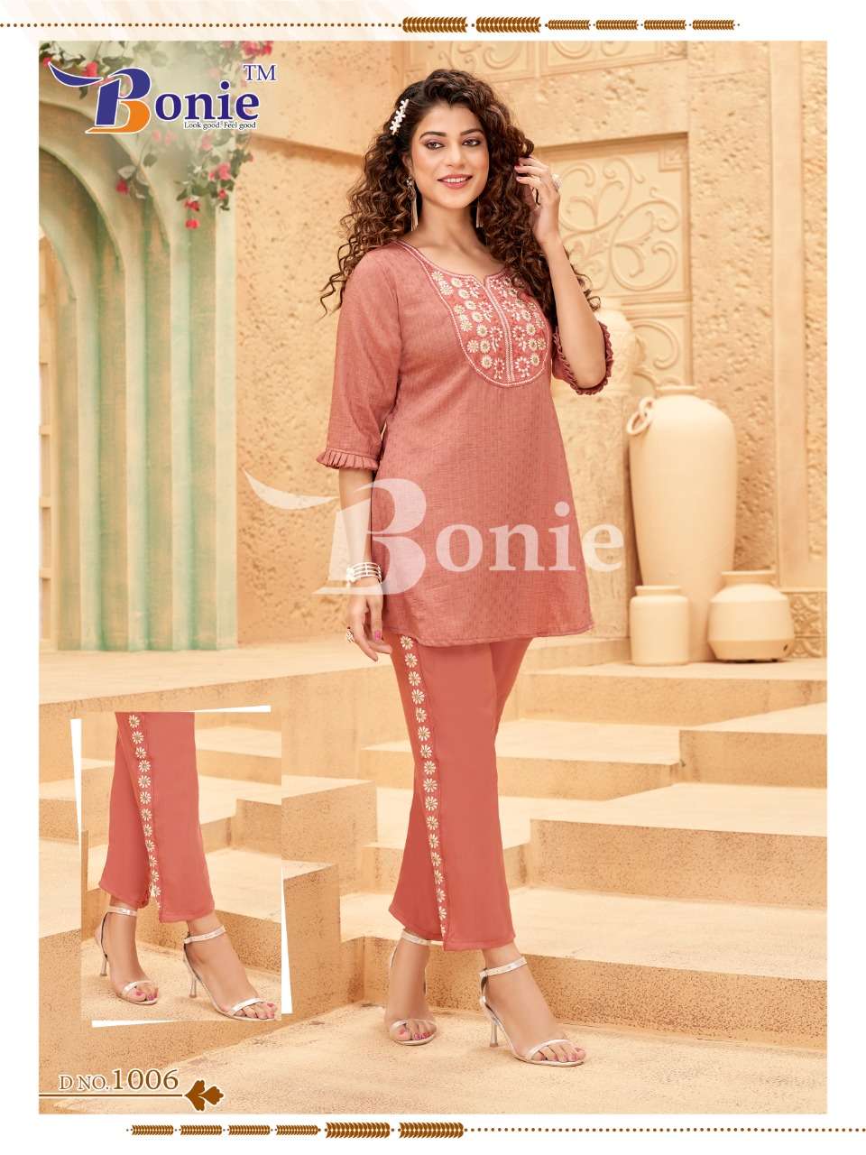 BONIE PRESENT VACATION SILK BASE TOP BOTTOM WITH EMBROIDERY WORK SET