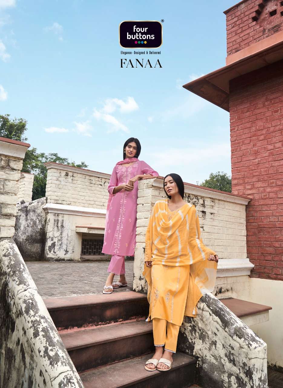 FOUR BUTTONS PRESENT FANAA PURE COTTON MAL 3PCS SET KURTI PANT WITH DUPATTA SET