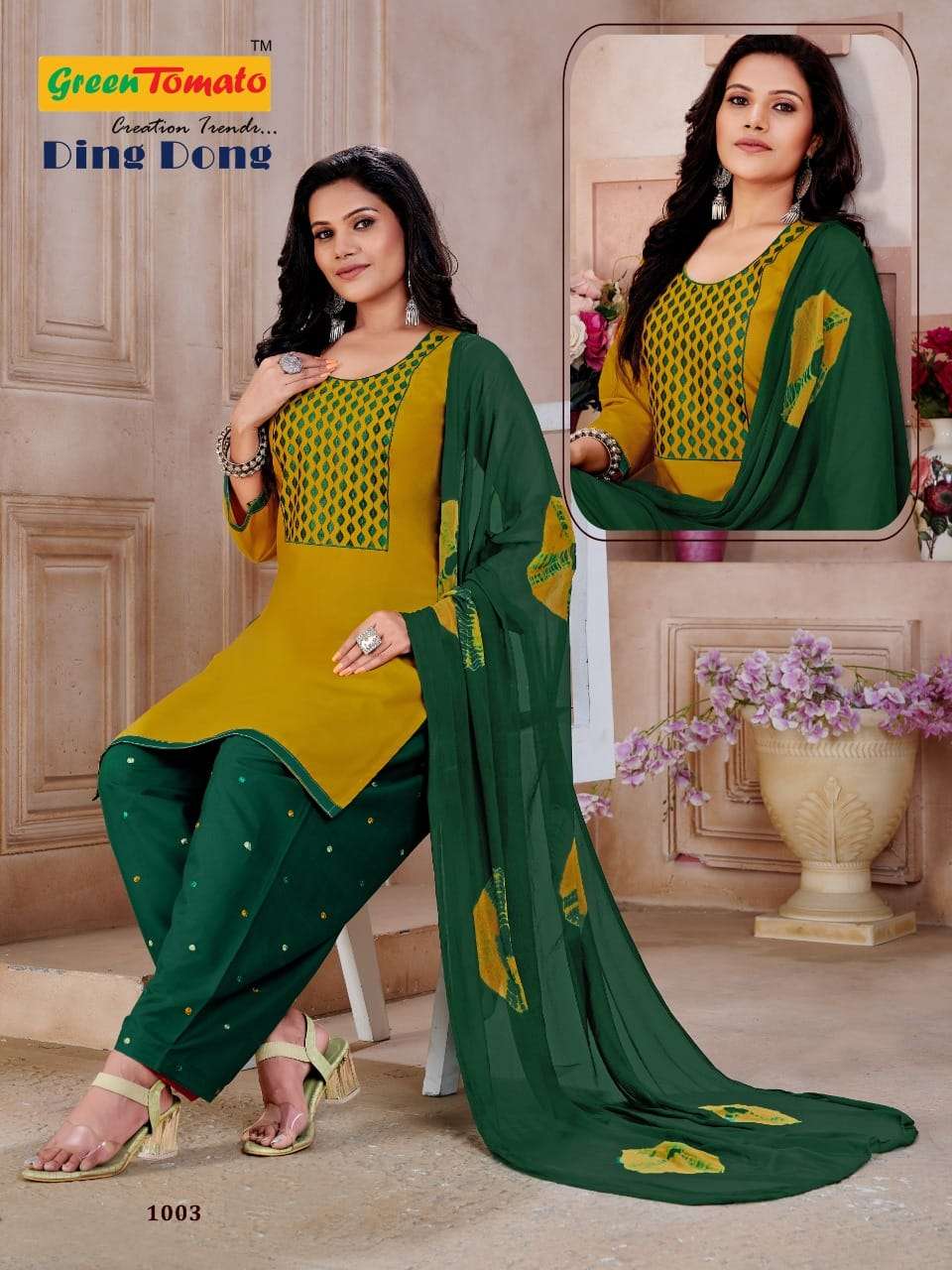 GREEN TOMATO PRESENTING DING DONG FANCY 3PCS SET R.COTTON KURTI PANT WITH DUPATTA PATIYALA SUIT COLLECTOIN IN WHOLESALER