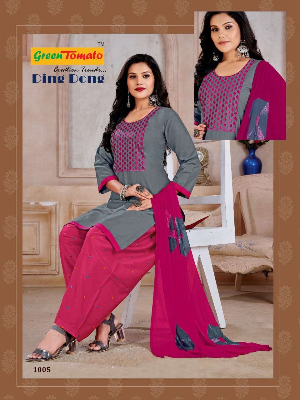 GREEN TOMATO PRESENTING DING DONG FANCY 3PCS SET R.COTTON KURTI PANT WITH DUPATTA PATIYALA SUIT COLLECTOIN IN WHOLESALER