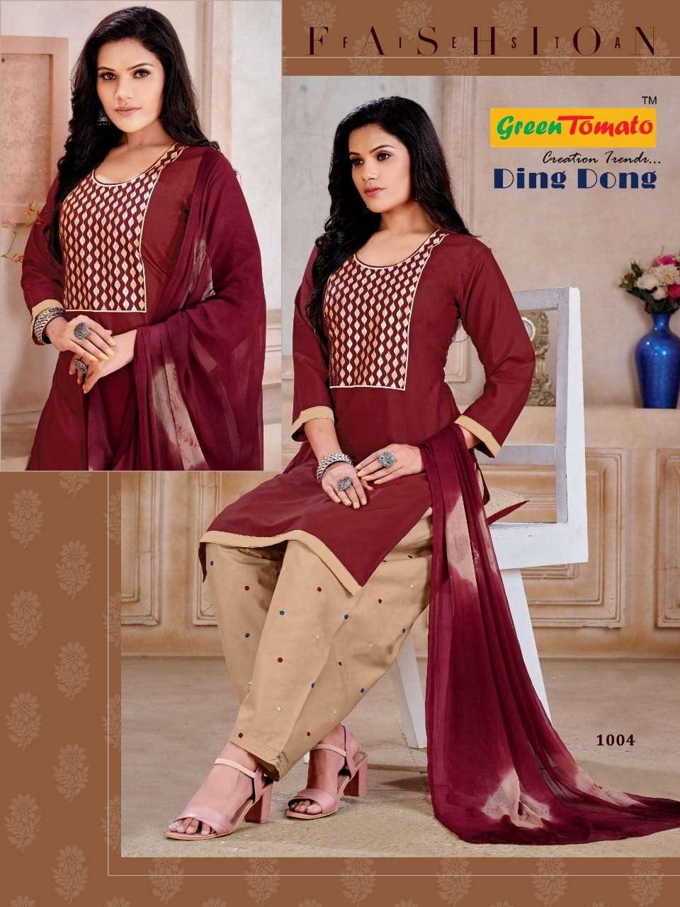 GREEN TOMATO PRESENTING DING DONG FANCY 3PCS SET R.COTTON KURTI PANT WITH DUPATTA PATIYALA SUIT COLLECTOIN IN WHOLESALER