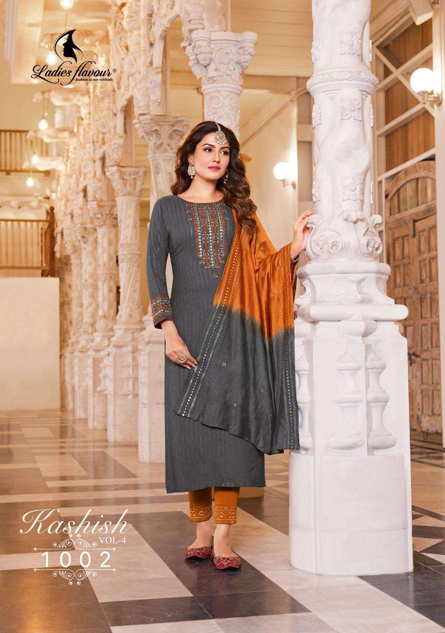 KASHISH VOL 4 BY LADIES FLAVOUR PRESENT PURE RAYON COTTON TOP PANT WITH VISCOSE DUPATTA 1002 D.NO SET