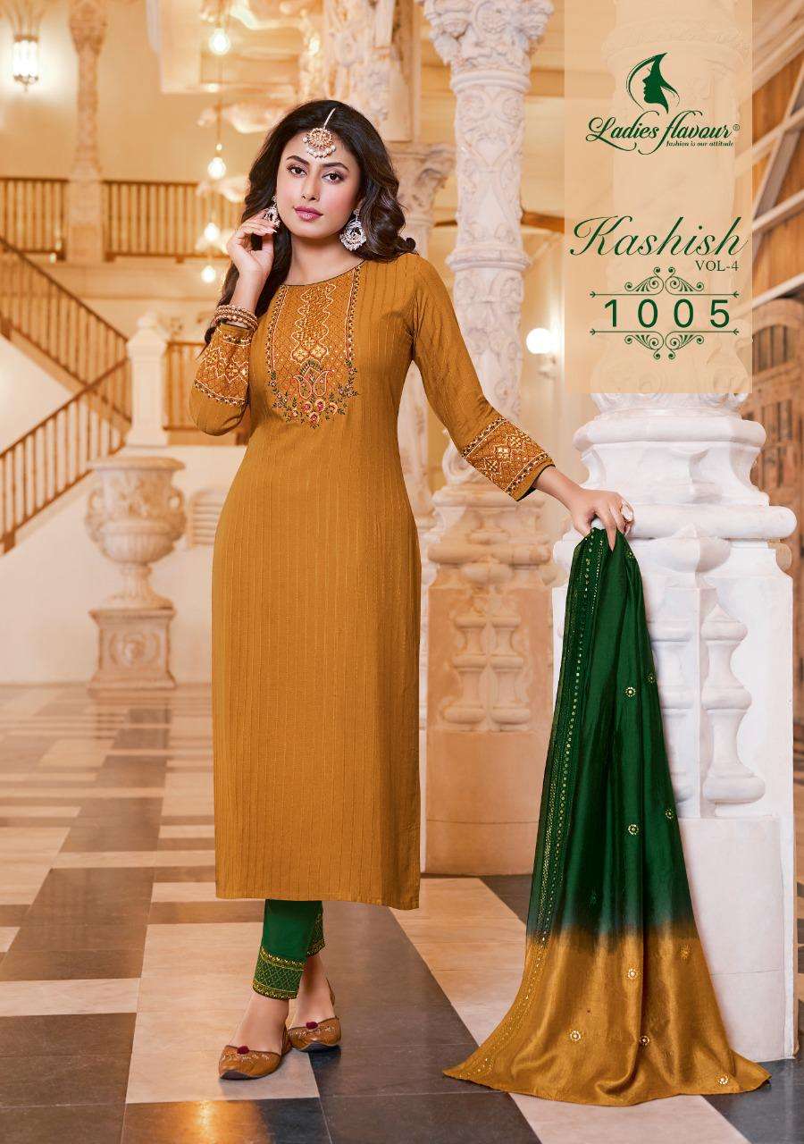 KASHISH VOL 4 BY LADIES FLAVOUR PRESENT PURE RAYON COTTON TOP PANT WITH VISCOSE DUPATTA 1005 D.NO SET