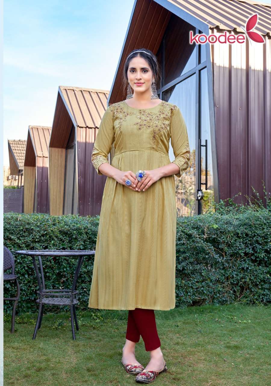 KOODEE PRESENT MORNI VOL 1 HEAVY RAYON DOBY NYRA CUT ONLY KURTI SET