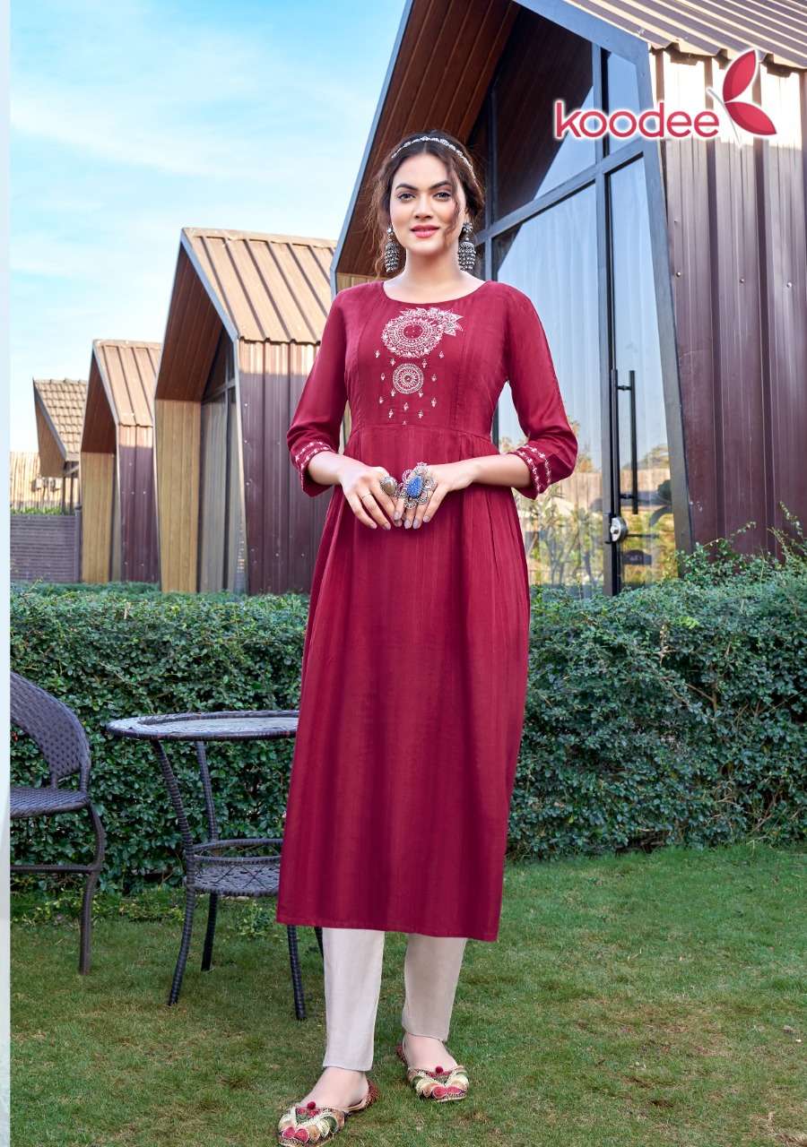 KOODEE PRESENT MORNI VOL 1 HEAVY RAYON DOBY NYRA CUT ONLY KURTI SET