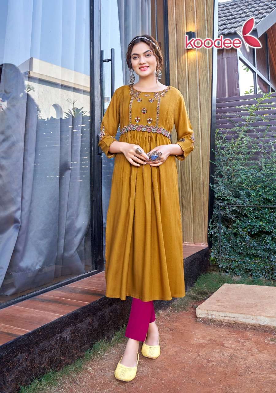 KOODEE PRESENT MORNI VOL 1 HEAVY RAYON DOBY NYRA CUT ONLY KURTI SET