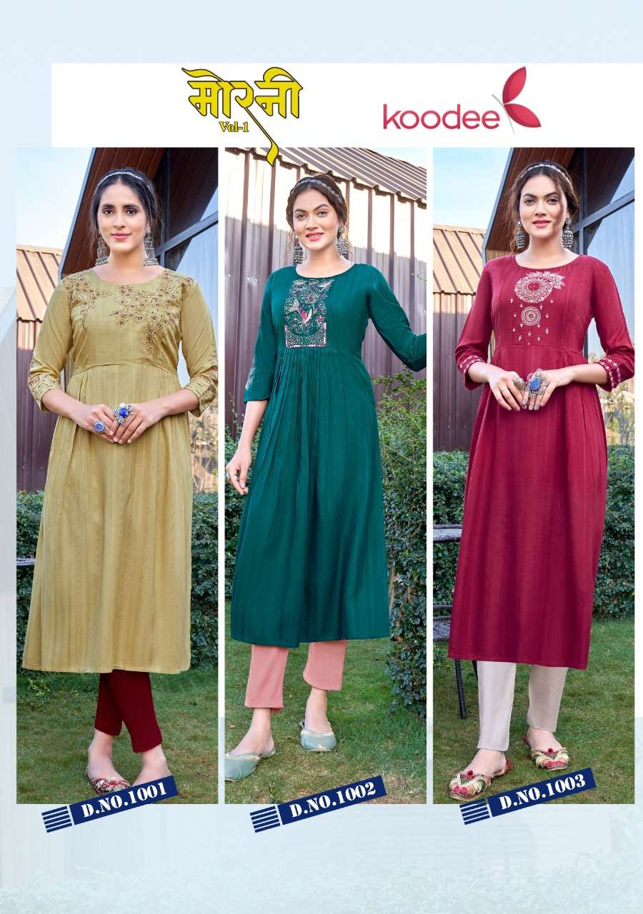 KOODEE PRESENT MORNI VOL 1 HEAVY RAYON DOBY NYRA CUT ONLY KURTI SET