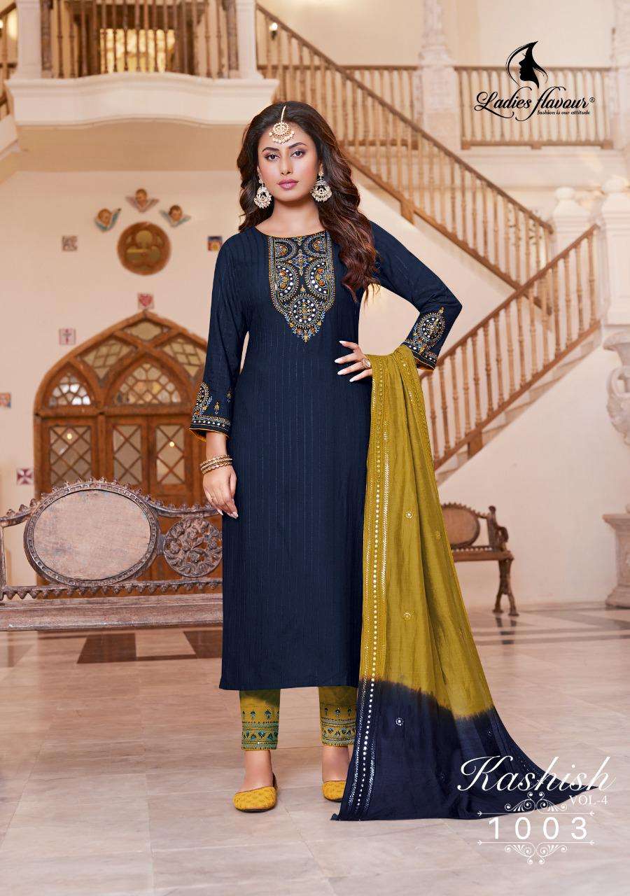 LADIES FLAVOUR KASHISH VOL 4 1004 D.NO PURE RAYON WEAVING 3PCS KURTI PANT WITH DUPATTA WITH EMBROIDERY WORK 