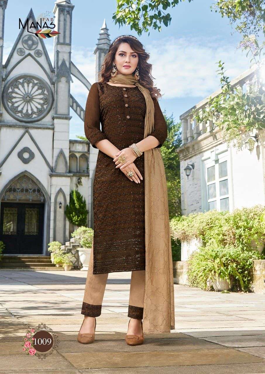 Brown chanderi readymade suit with unique motif & glitter work 3/4th sleeve  top, intricate dupatta & straight cut pants