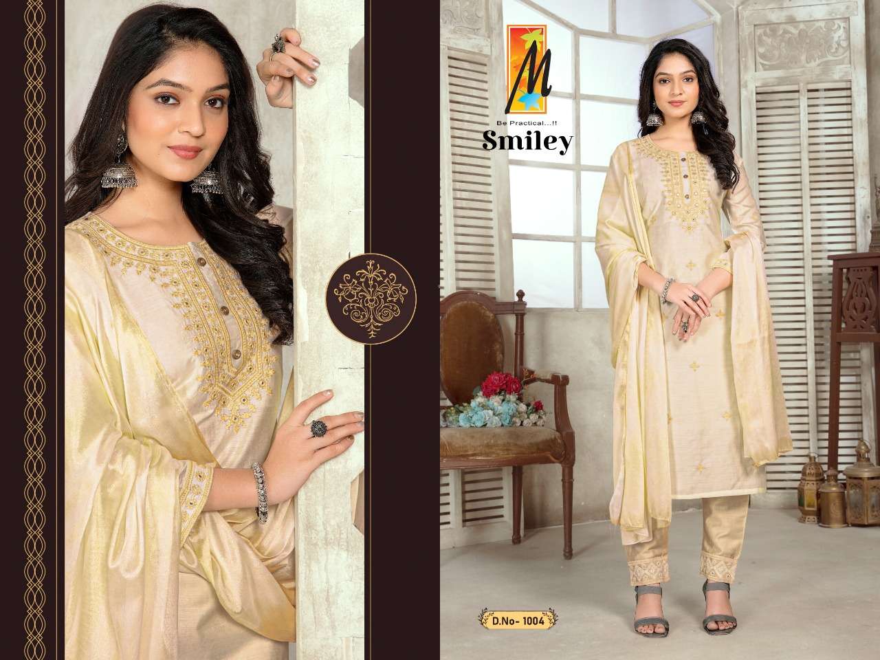 MASTER PRESENT SMILEY 3PCS CONCEPT HEAVY CHANDERI WITK EMBROIDERY TIKA WORK KURTI PANT WITH DUPATTA SET