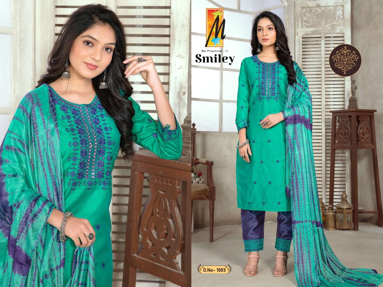 MASTER PRESENT SMILEY 3PCS CONCEPT HEAVY CHANDERI WITK EMBROIDERY TIKA WORK KURTI PANT WITH DUPATTA SET