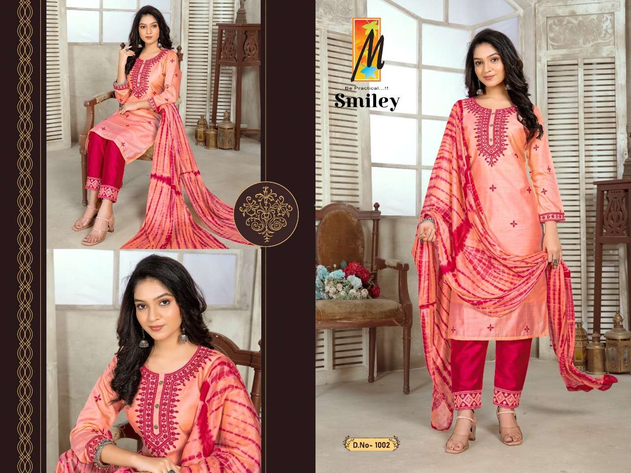 MASTER PRESENT SMILEY 3PCS CONCEPT HEAVY CHANDERI WITK EMBROIDERY TIKA WORK KURTI PANT WITH DUPATTA SET