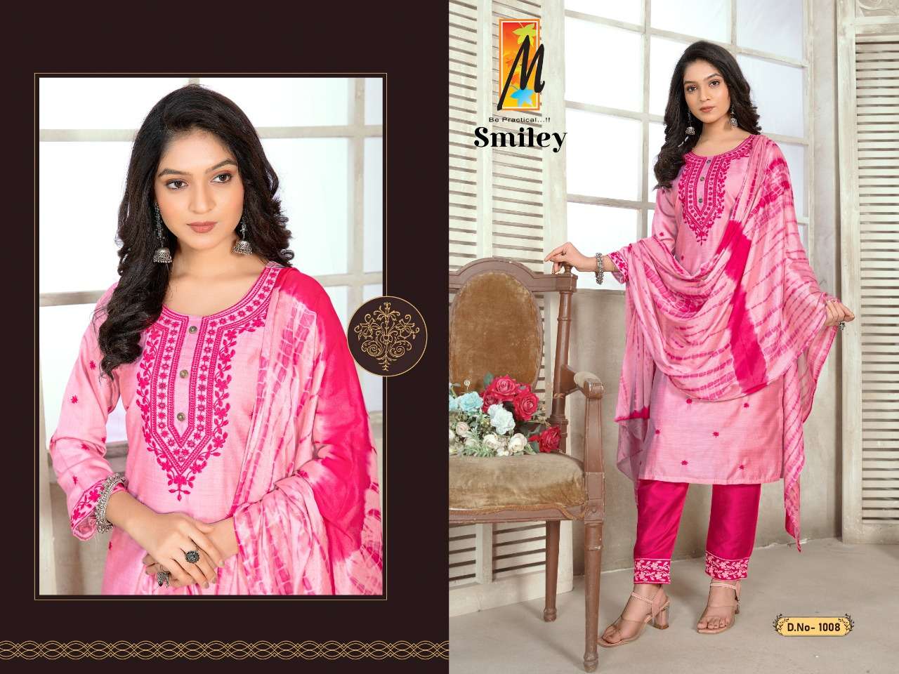 MASTER PRESENT SMILEY 3PCS CONCEPT HEAVY CHANDERI WITK EMBROIDERY TIKA WORK KURTI PANT WITH DUPATTA SET