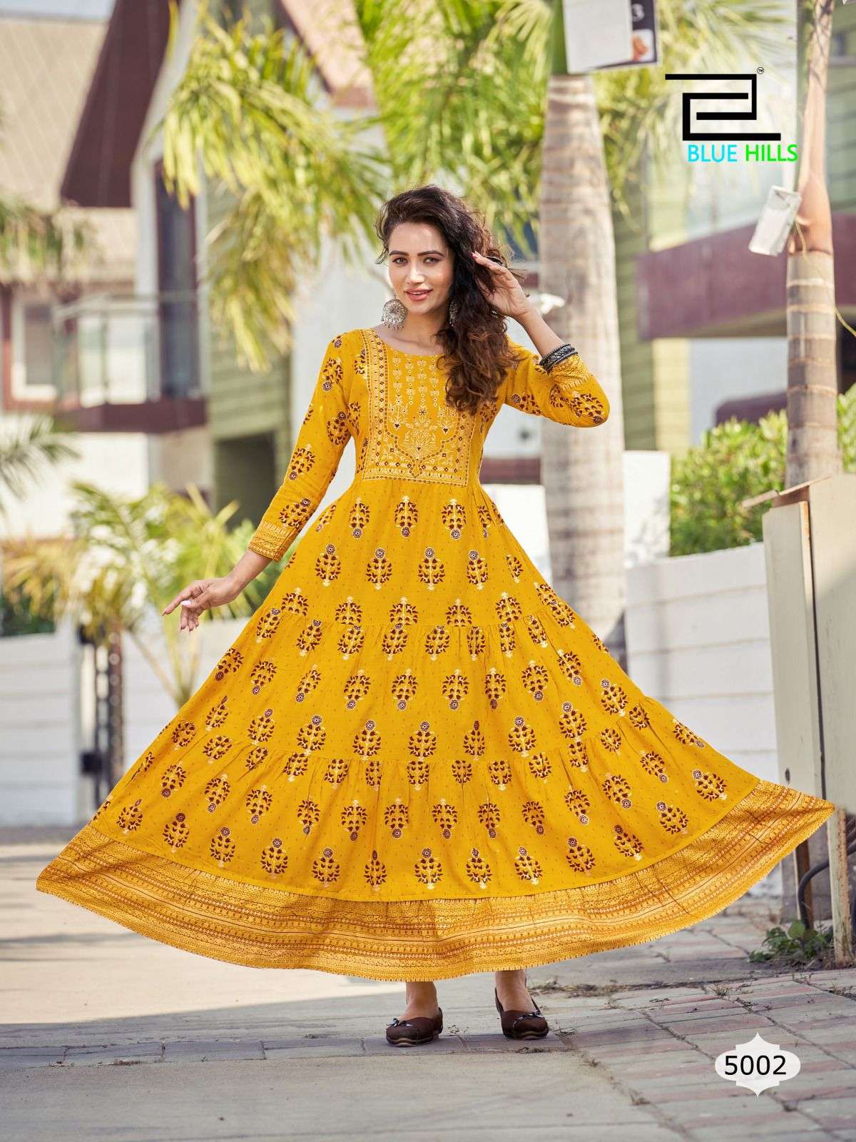 BLUE HILLS PRESENT LAUNCHING THE NEW CATALOGUE SANDWICH VOL.5 NEW CONCEPT RAYON SLUB FOIL PRINT LONG GOWN COLLECTION- WHOLESALE SUPPLIER SURAT