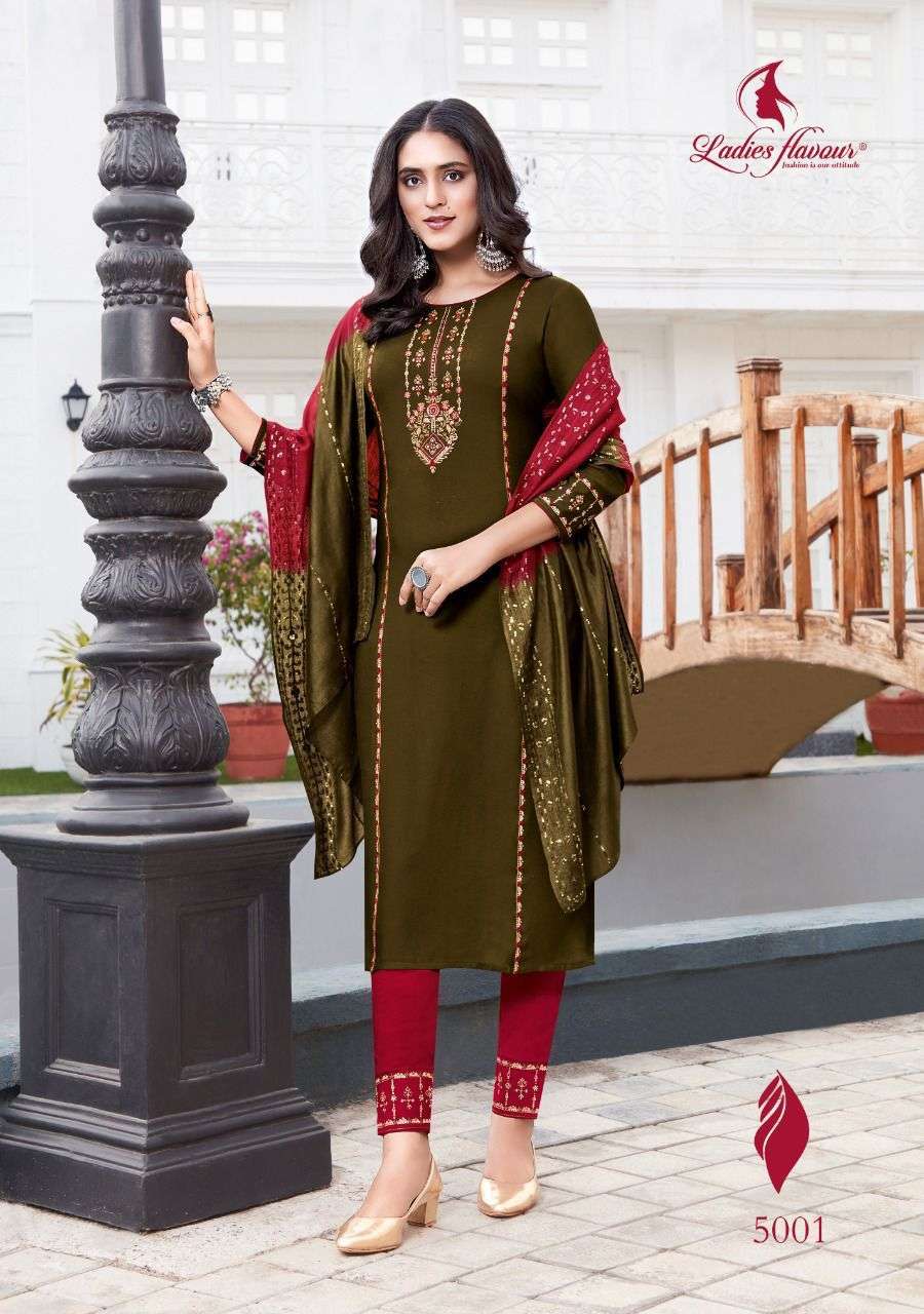 LADIES FLAVOUR  PRESENT LAUNCHING NEW CATALOGUE 3PCS CONCEPT STRAIGHT KURTI  PANT WITH DUPATTA SET- WHOLESALE SUPPLIER SURAT