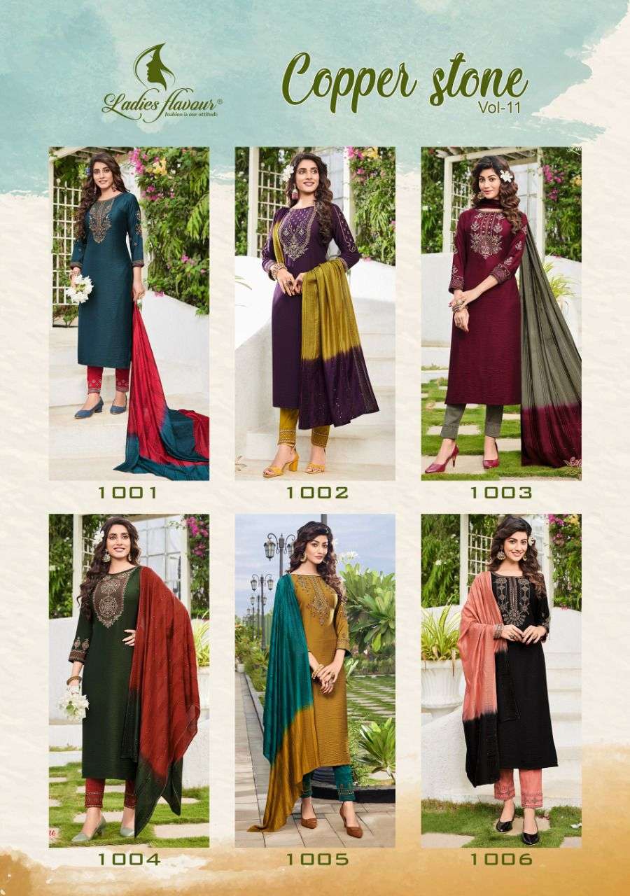 LADIES FLAVOUR PRESENT LAUNCHING NEW CATALOGUE COPPER STONE 11 3PCS CONCEPT KURTI PANT WITH DUPATTA  SET- WHOLESALE SUPPLIER SURAT