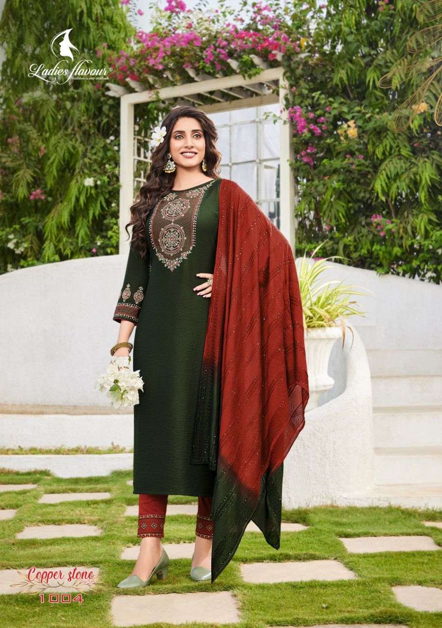 LADIES FLAVOUR PRESENT LAUNCHING NEW CATALOGUE COPPER STONE 11 3PCS CONCEPT KURTI PANT WITH DUPATTA  SET- WHOLESALE SUPPLIER SURAT