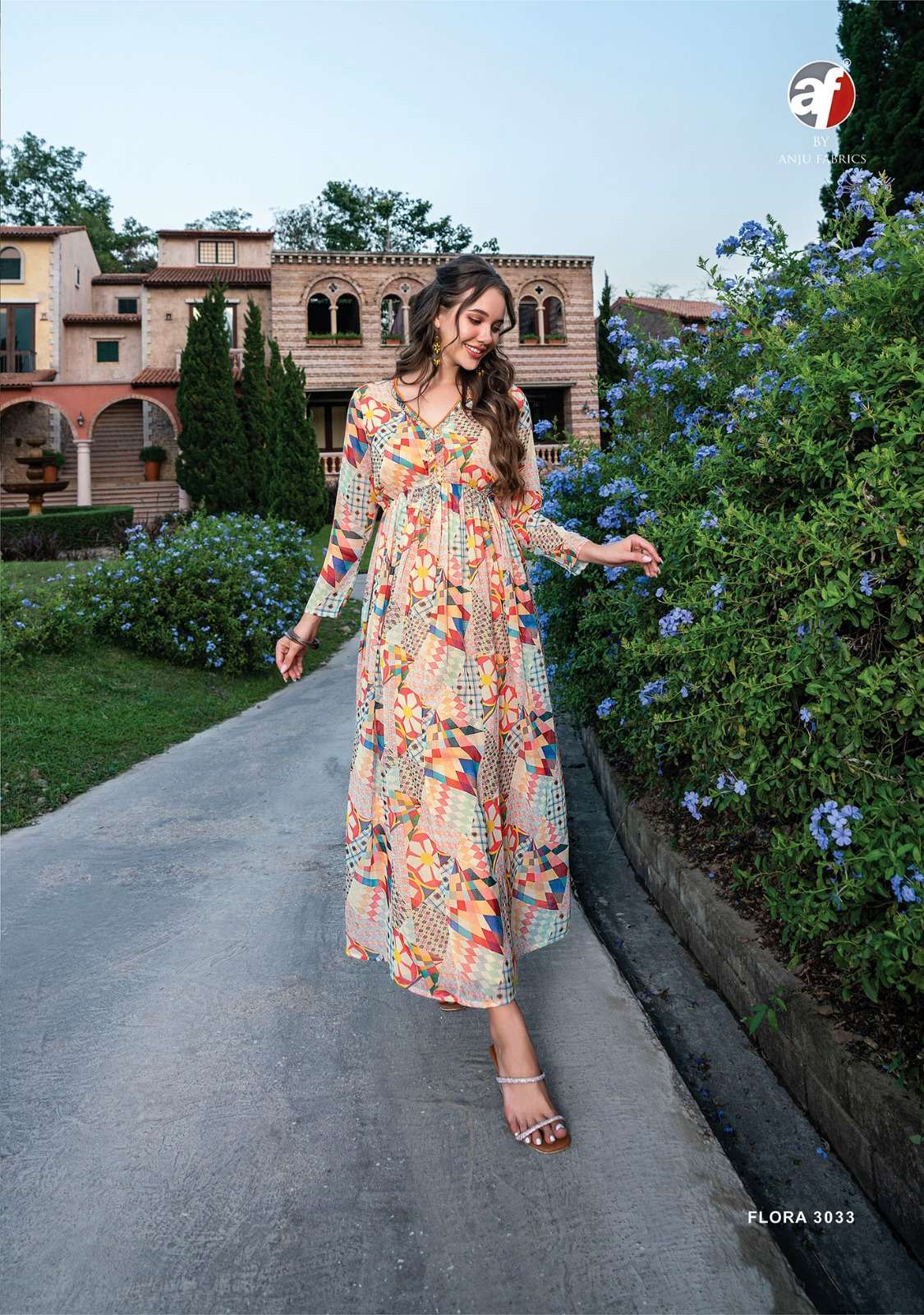 Floral printed frock Stylist Elegant Casual knee length long flared  anarkali one piece dresses party wear