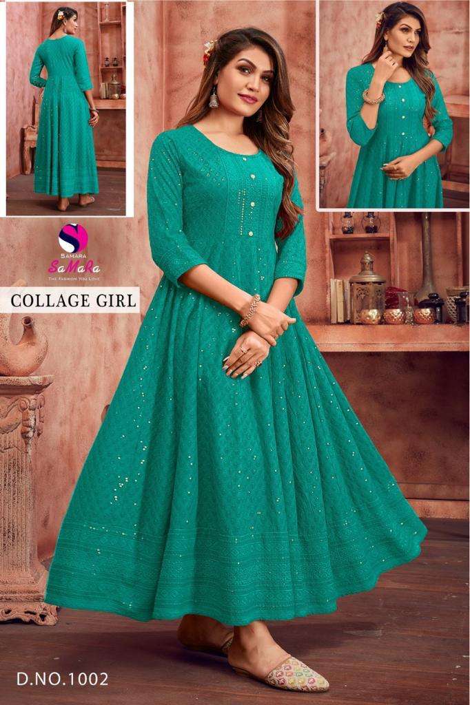 SAMARA LAUNCHING THE NEW CATALOGUE COLLEGE GIRL 1PC CONCEPT RAYON WITH SHIFFLI WORK GOWN COLLECTION- WHOLESALE EXPORTER SURAT