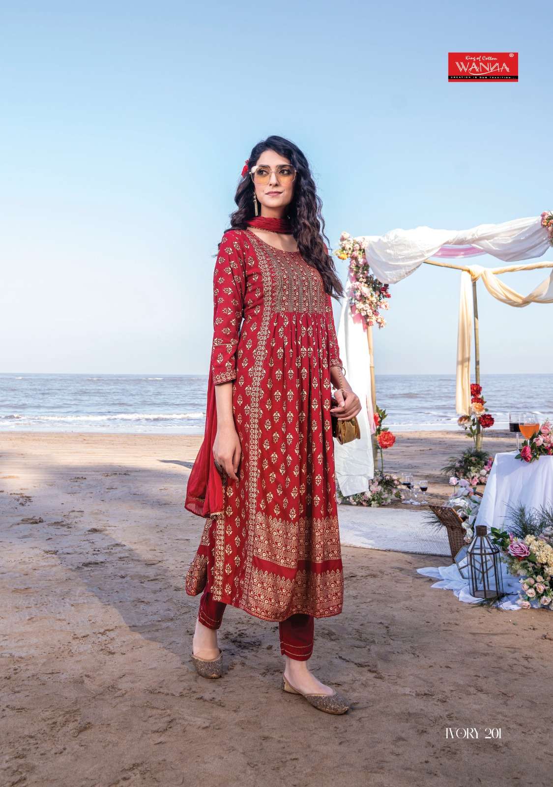 WANNA LAUNCHING NEW CATALOGUE IVORY 3PCS CONCEPT RAYON PURE GOLD PRINT KURTI PANT DUPATTA SET- WHOLSALE SUPPLIER SURAT