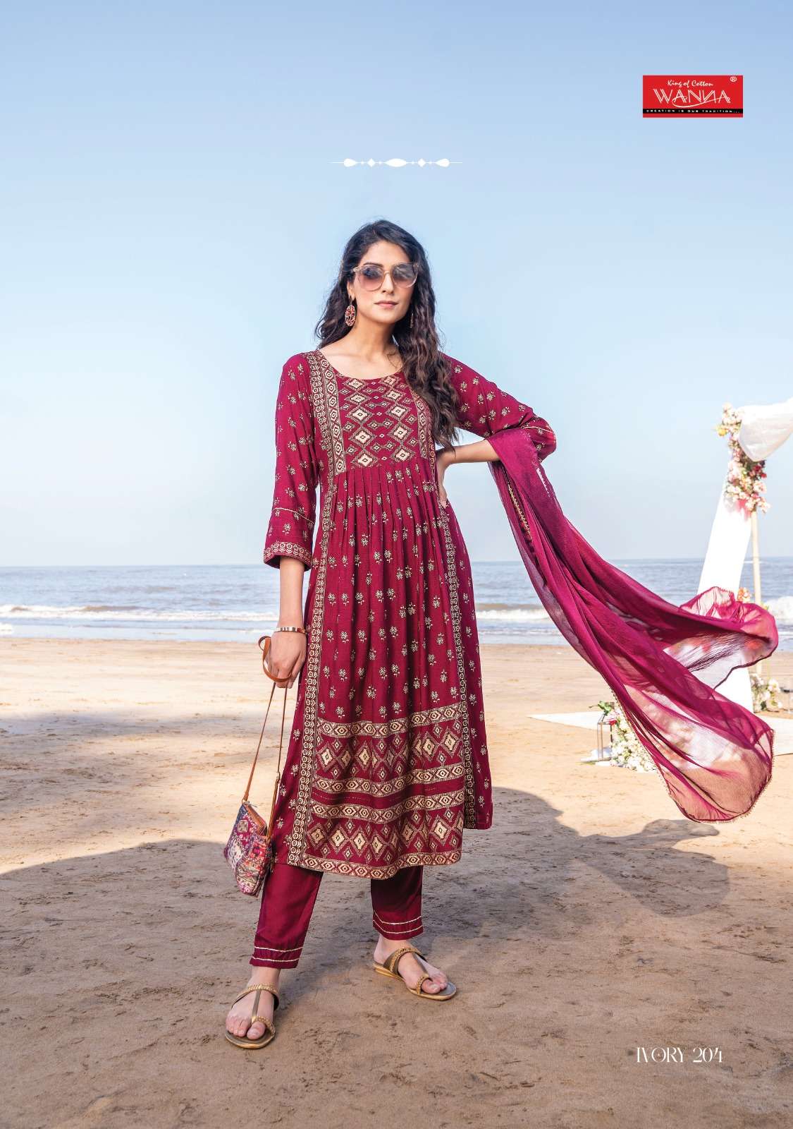 WANNA LAUNCHING NEW CATALOGUE IVORY 3PCS CONCEPT RAYON PURE GOLD PRINT KURTI PANT DUPATTA SET- WHOLSALE SUPPLIER SURAT