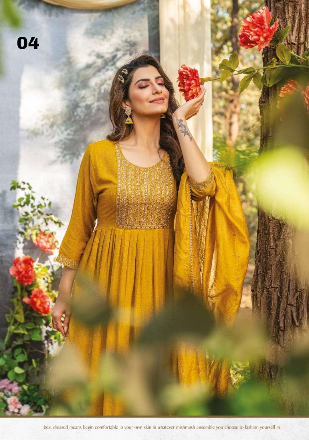 WANNA LAUNCHING NEW CATALOGUE MARIGOLD NAIRA 3PCS CONCEPT NAIRA CUT KURTI PANT WITH DUPATTA SET- WHOLSALE DEALER SURAT