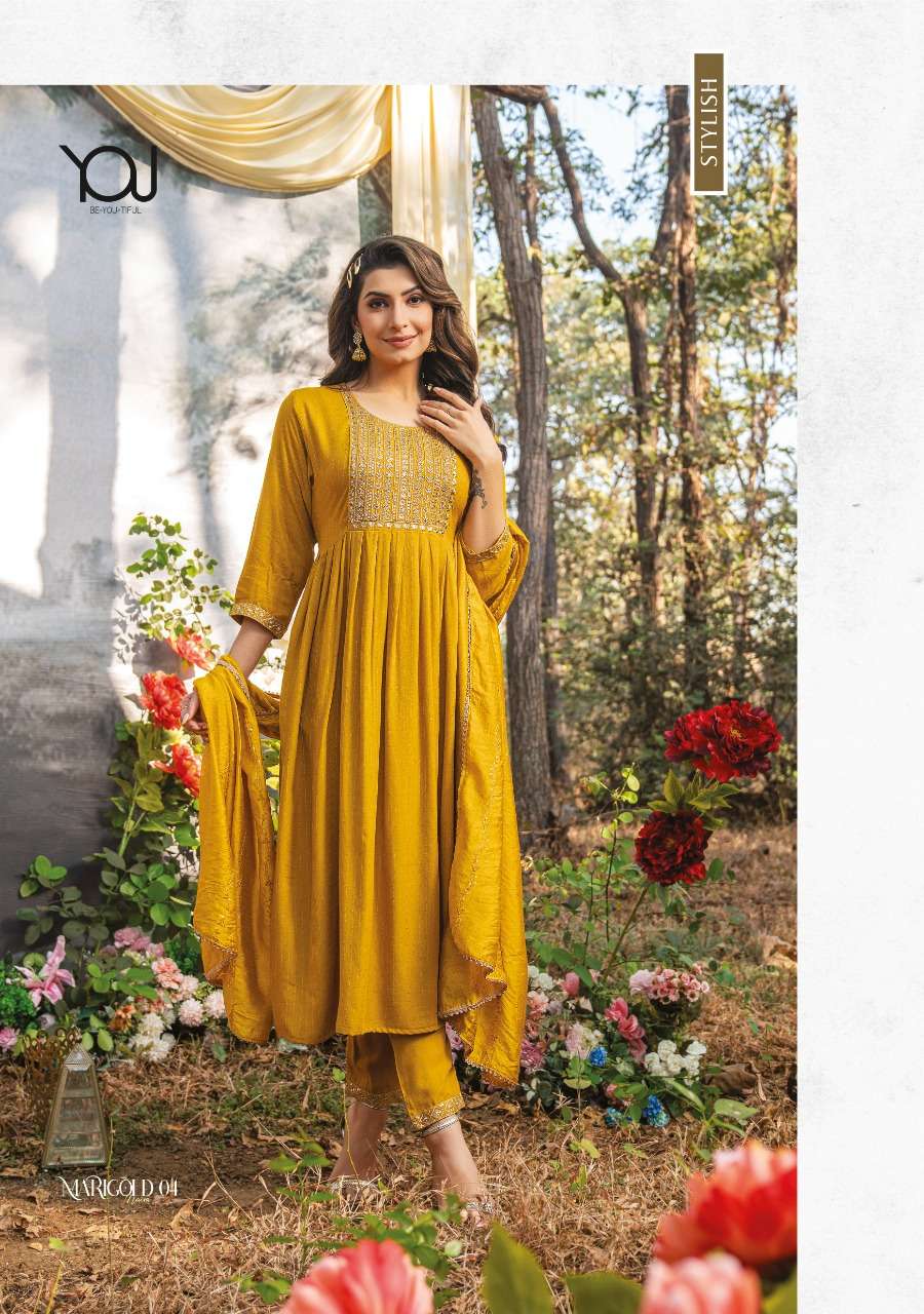 WANNA LAUNCHING NEW CATALOGUE MARIGOLD NAIRA 3PCS CONCEPT NAIRA CUT KURTI PANT WITH DUPATTA SET- WHOLSALE DEALER SURAT