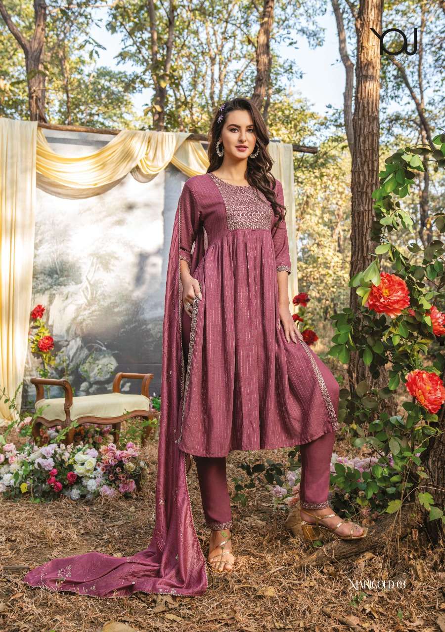 WANNA LAUNCHING NEW CATALOGUE MARIGOLD NAIRA 3PCS CONCEPT NAIRA CUT KURTI PANT WITH DUPATTA SET- WHOLSALE DEALER SURAT