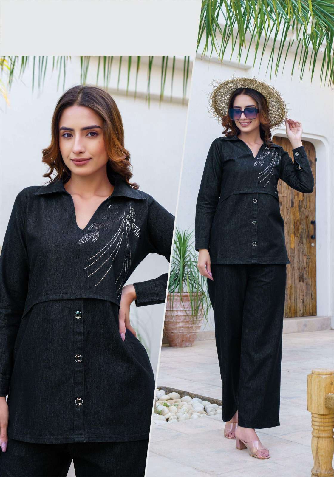 18 AS-702 SS PREMIUM DENIM COTTON DIAMOND PATCHES STYLE CO-ORD SET 