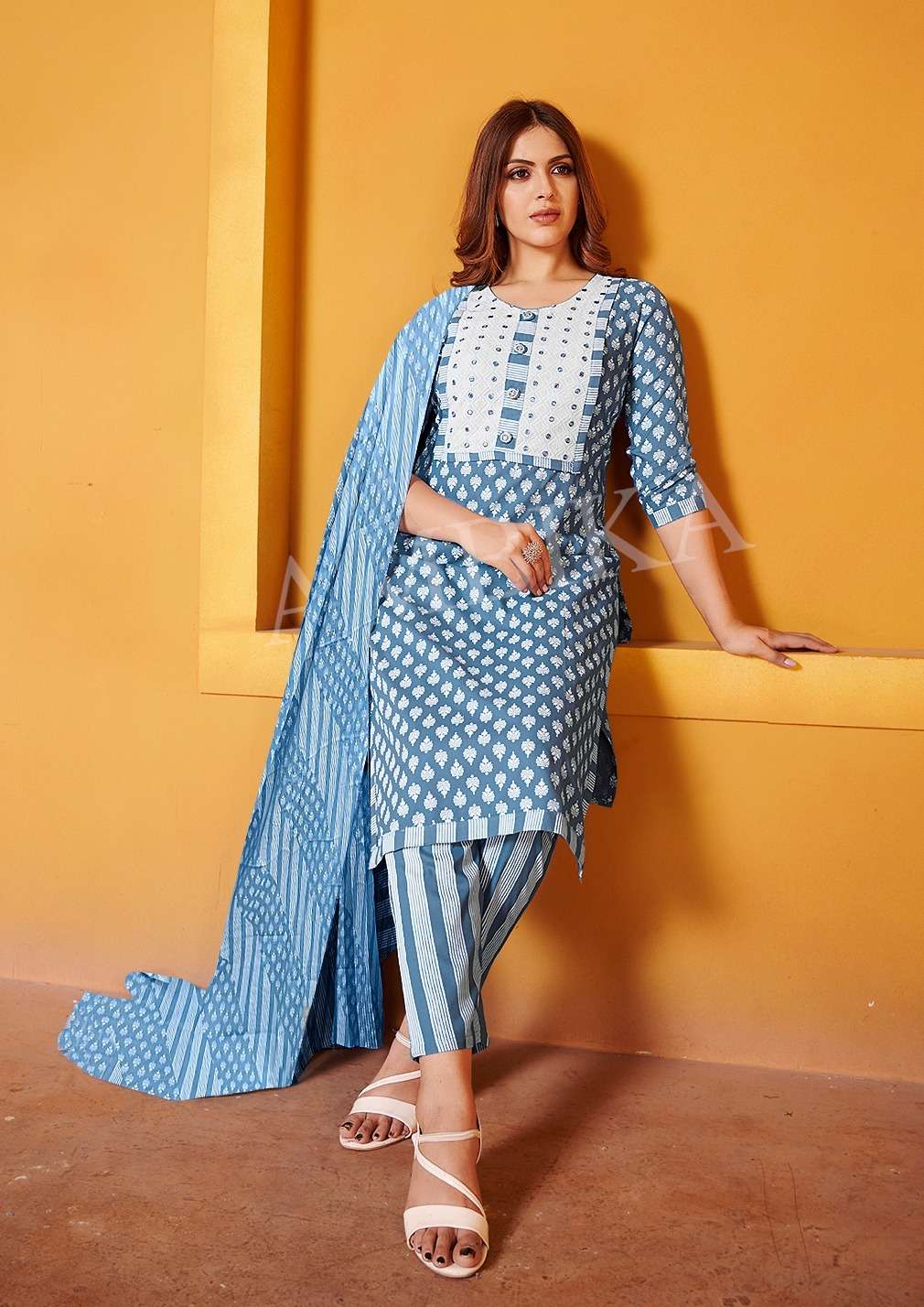 BLUE COLOUR KURTI PANT DUPATTA WITH PRINTED RAYON NECK DESIGN & MIRROR WORK 