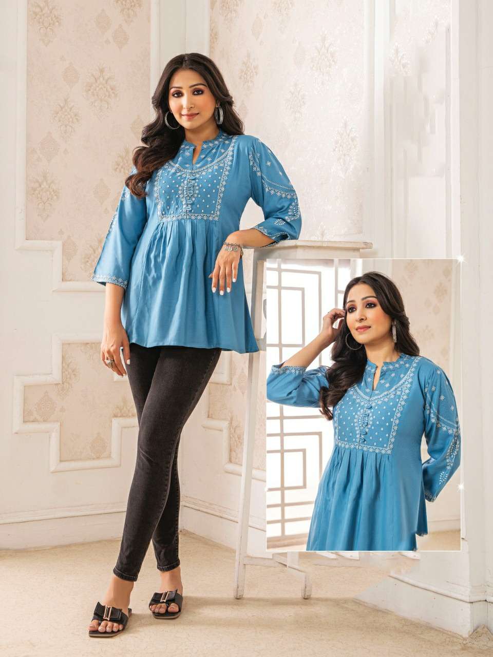 BLUE COLOUR RAYON FABRIC SHORT TUNICS WITH WHITE THREAD WORK 