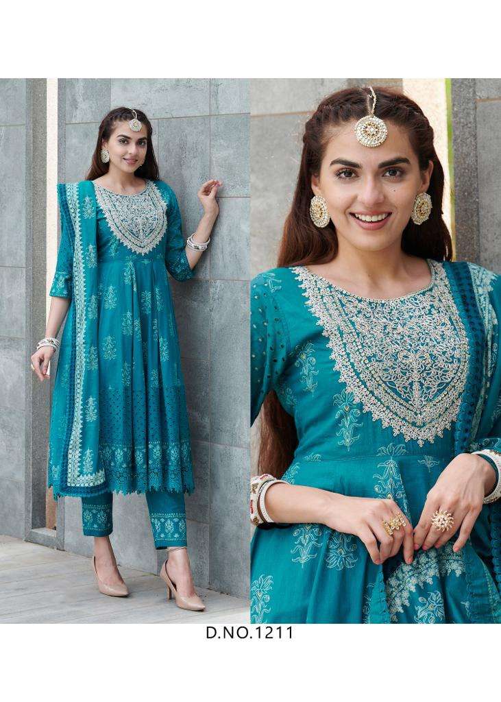 BLUE COLOUR DESIGNER EMBROIDERY WITH  PURE COTTON IN ANARKALI STYLE 