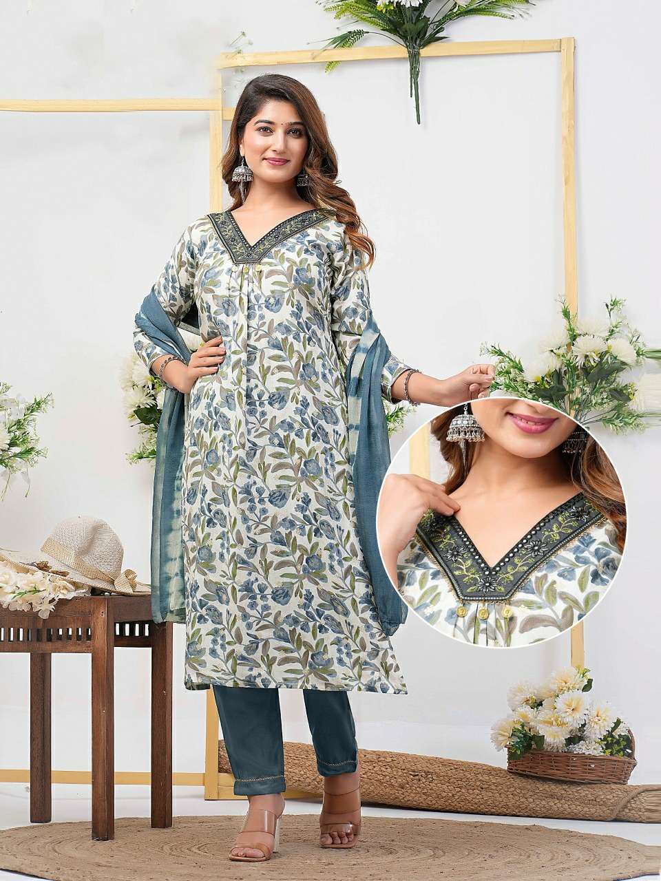 BLUE GREY COLOUR PRINTED RAYON STRAIGHT CUT KURTI PANT DUPATTA