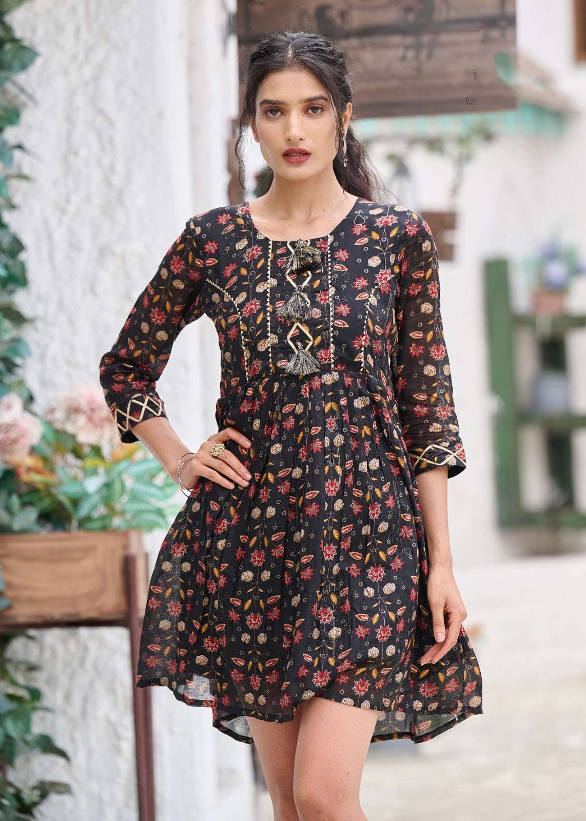 BV-1008 VT PRINTED COTTON TUNIC TOP WITH UMBRELLA SLEEVES 