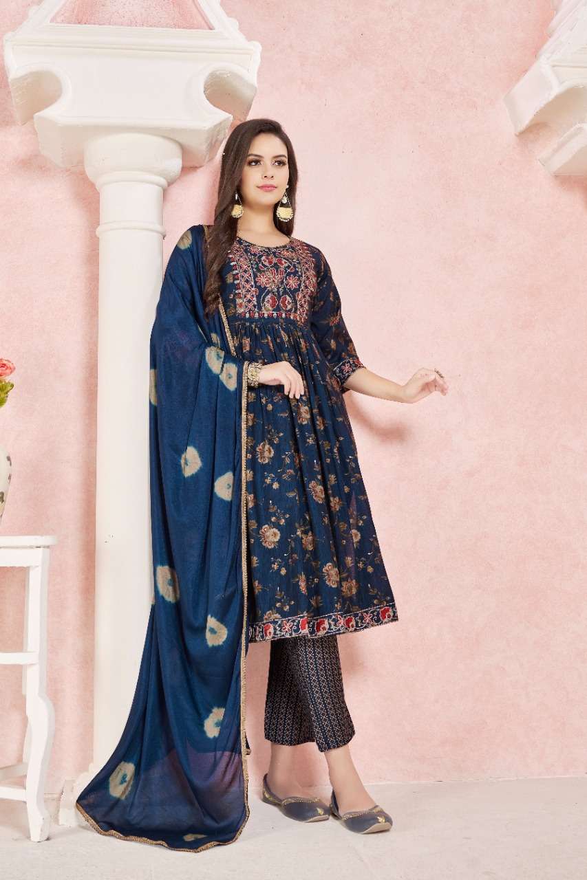 DARK BLUE COLOUR EMBROIDERY WORK WITH NAYRA PATTERN KURTI PANT DUPATTA 