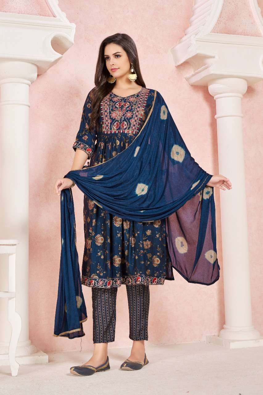 DARK BLUE COLOUR EMBROIDERY WORK WITH NAYRA PATTERN KURTI PANT DUPATTA 